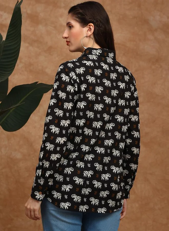 جلو باص تونيك قميص بياقة وطبعة تراثية